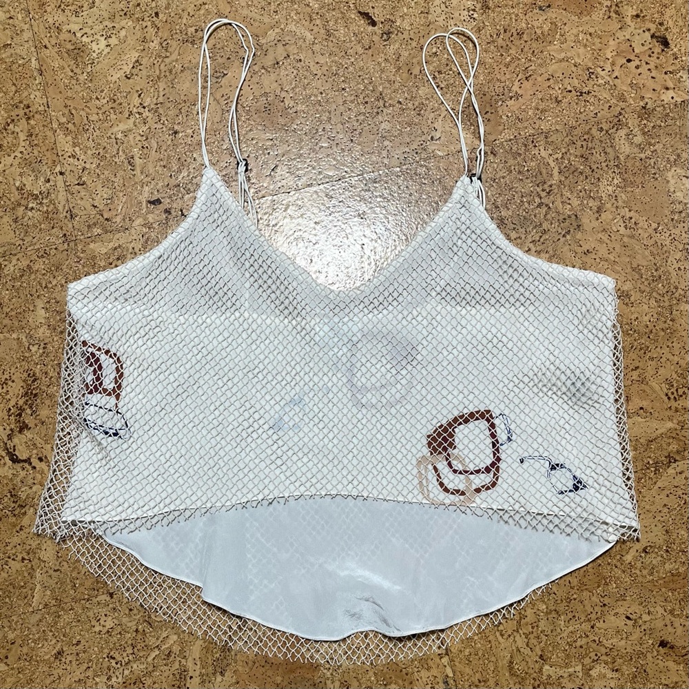 Unforeseen Circumstances 100% Silk With Mesh Crop Top In Cream Sz Large